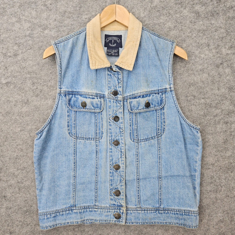 Solutions Women's Blue Denim Vest Size M Cotton Corduroy Collar Trucker Retro